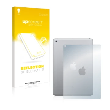 Vorderseite einer Produktverpackung mit dem Markenlogo upscreen. Daneben ist das Gerät Apple iPad 9.7