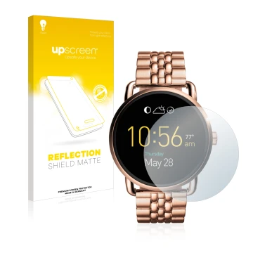 Vorderseite einer Produktverpackung mit dem Markenlogo upscreen. Daneben ist das Gerät Fossil Q Wander mit dem zugehörigen Dis