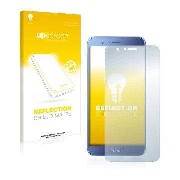 Vorderseite einer Produktverpackung mit dem Markenlogo upscreen. Daneben ist das Gerät Honor 8 Pro mit dem zugehörigen Display