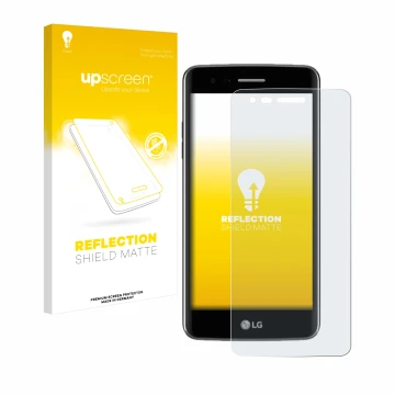 Vorderseite einer Produktverpackung mit dem Markenlogo upscreen. Daneben ist das Gerät LG K8 2017 mit dem zugehörigen Displays