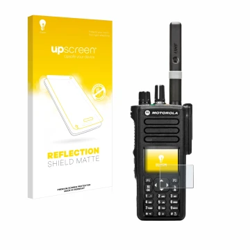 Vorderseite einer Produktverpackung mit dem Markenlogo upscreen. Daneben ist das Gerät Motorola DP4800 mit dem zugehörigen Dis