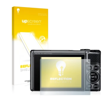 Vorderseite einer Produktverpackung mit dem Markenlogo upscreen. Daneben ist das Gerät Canon PowerShot SX730 HS mit dem zugehö