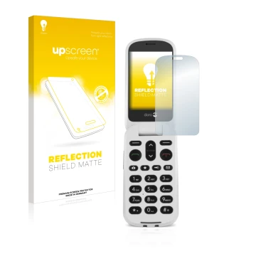 Vorderseite einer Produktverpackung mit dem Markenlogo upscreen. Daneben ist das Gerät Doro 6050 mit dem zugehörigen Displaysc