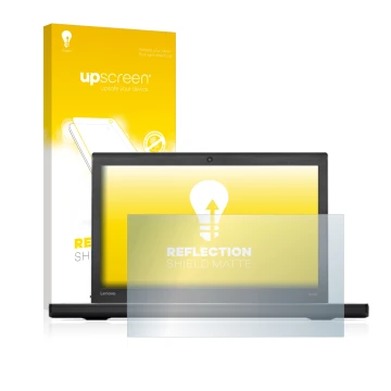 Vorderseite einer Produktverpackung mit dem Markenlogo upscreen. Daneben ist das Gerät Lenovo ThinkPad X270 mit dem zugehörige