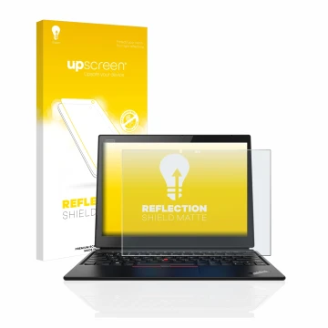 Vorderseite einer Produktverpackung mit dem Markenlogo upscreen. Daneben ist das Gerät Lenovo ThinkPad X1 Yoga (1. Gen.) mit d