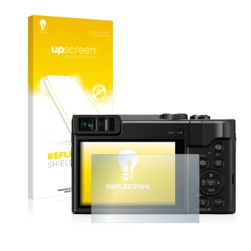 Vorderseite einer Produktverpackung mit dem Markenlogo upscreen. Daneben ist das Gerät Panasonic Lumix DC-TZ91 mit dem zugehör