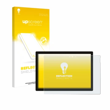 Vorderseite einer Produktverpackung mit dem Markenlogo upscreen. Daneben ist das Gerät Microsoft Surface Pro 5 2017 mit dem zu