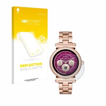 Vorderseite einer Produktverpackung mit dem Markenlogo upscreen. Daneben ist das Gerät Michael Kors Access Sofie mit dem zugeh