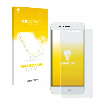 Vorderseite einer Produktverpackung mit dem Markenlogo upscreen. Daneben ist das Gerät Huawei Nova 2 mit dem zugehörigen Displ