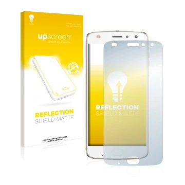 Vorderseite einer Produktverpackung mit dem Markenlogo upscreen. Daneben ist das Gerät Lenovo Moto Z2 Play mit dem zugehörigen