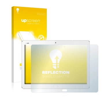 Vorderseite einer Produktverpackung mit dem Markenlogo upscreen. Daneben ist das Gerät Huawei MediaPad M3 Lite 10.1 mit dem zu