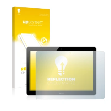 Vorderseite einer Produktverpackung mit dem Markenlogo upscreen. Daneben ist das Gerät Huawei MediaPad T3 10 mit dem zugehörig