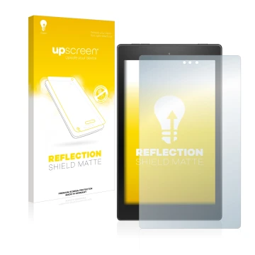 Vorderseite einer Produktverpackung mit dem Markenlogo upscreen. Daneben ist das Gerät Amazon Fire HD 8 2018 (8. Gen.) mit dem