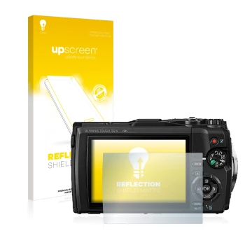 Vorderseite einer Produktverpackung mit dem Markenlogo upscreen. Daneben ist das Gerät Olympus Tough TG-5 mit dem zugehörigen 