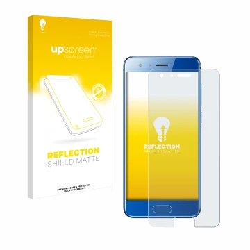 Vorderseite einer Produktverpackung mit dem Markenlogo upscreen. Daneben ist das Gerät Honor 9 mit dem zugehörigen Displayschu