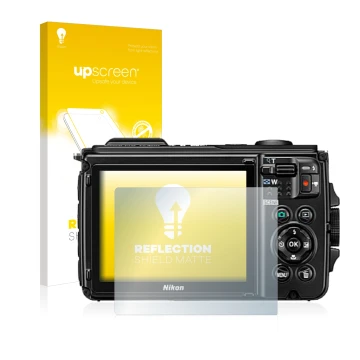 Vorderseite einer Produktverpackung mit dem Markenlogo upscreen. Daneben ist das Gerät Nikon Coolpix W300 mit dem zugehörigen 