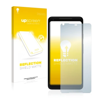 Vorderseite einer Produktverpackung mit dem Markenlogo upscreen. Daneben ist das Gerät Google Pixel 2 XL mit dem zugehörigen D