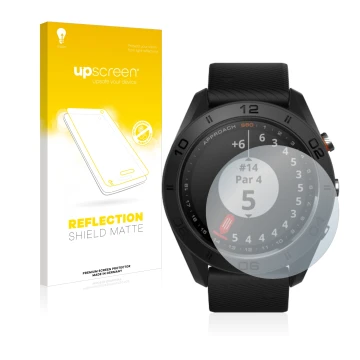 Vorderseite einer Produktverpackung mit dem Markenlogo upscreen. Daneben ist das Gerät Garmin Approach S60 mit dem zugehörigen