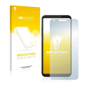 Vorderseite einer Produktverpackung mit dem Markenlogo upscreen. Daneben ist das Gerät LG Q6 mit dem zugehörigen Displayschutz