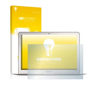 Vorderseite einer Produktverpackung mit dem Markenlogo upscreen. Daneben ist das Gerät Apple MacBook Air 13