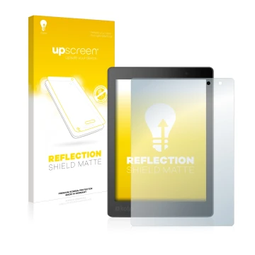 Vorderseite einer Produktverpackung mit dem Markenlogo upscreen. Daneben ist das Gerät Kobo Aura One mit dem zugehörigen Displ