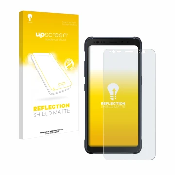 Vorderseite einer Produktverpackung mit dem Markenlogo upscreen. Daneben ist das Gerät Samsung Galaxy S8 Active mit dem zugehö