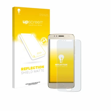 Vorderseite einer Produktverpackung mit dem Markenlogo upscreen. Daneben ist das Gerät Motorola Moto G5S mit dem zugehörigen D