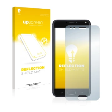 Vorderseite einer Produktverpackung mit dem Markenlogo upscreen. Daneben ist das Gerät ASUS ZenFone 4 ZE554KL mit dem zugehöri