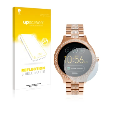 Vorderseite einer Produktverpackung mit dem Markenlogo upscreen. Daneben ist das Gerät Fossil Q Venture mit dem zugehörigen Di