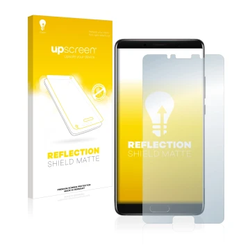 Vorderseite einer Produktverpackung mit dem Markenlogo upscreen. Daneben ist das Gerät Huawei Mate 10 mit dem zugehörigen Disp