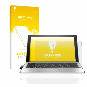 Vorderseite einer Produktverpackung mit dem Markenlogo upscreen. Daneben ist das Gerät HP Elite x2 1012 G2 mit dem zugehörigen