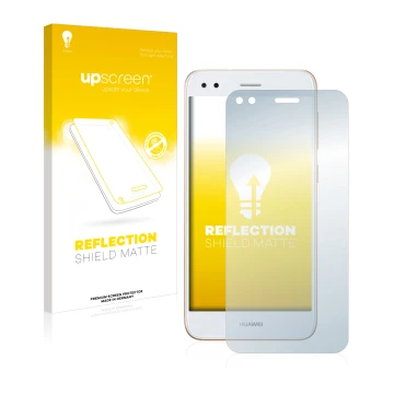 Vorderseite einer Produktverpackung mit dem Markenlogo upscreen. Daneben ist das Gerät Huawei P9 Lite Mini mit dem zugehörigen