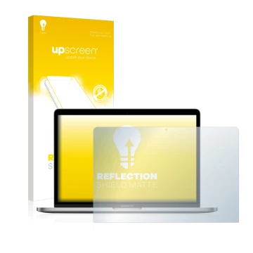 Vorderseite einer Produktverpackung mit dem Markenlogo upscreen. Daneben ist das Gerät Apple MacBook Pro 13