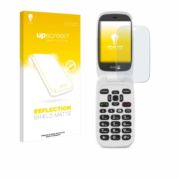 Vorderseite einer Produktverpackung mit dem Markenlogo upscreen. Daneben ist das Gerät Doro 6520 mit dem zugehörigen Displaysc