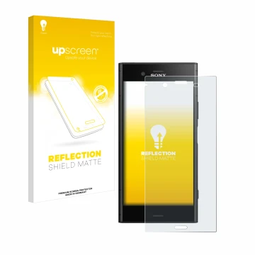 Vorderseite einer Produktverpackung mit dem Markenlogo upscreen. Daneben ist das Gerät Sony Xperia XZ1 mit dem zugehörigen Dis