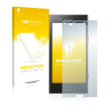 Vorderseite einer Produktverpackung mit dem Markenlogo upscreen. Daneben ist das Gerät Sony Xperia XZ1 Compact mit dem zugehör