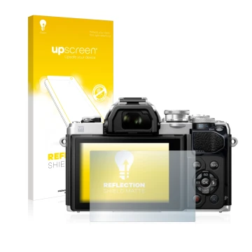 Vorderseite einer Produktverpackung mit dem Markenlogo upscreen. Daneben ist das Gerät Olympus OM-D E-M10 Mark III mit dem zug