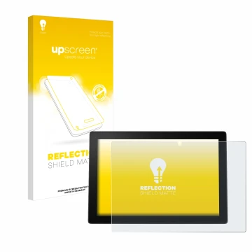 Vorderseite einer Produktverpackung mit dem Markenlogo upscreen. Daneben ist das Gerät Lenovo Ideapad Miix 520 mit dem zugehör