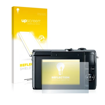 Vorderseite einer Produktverpackung mit dem Markenlogo upscreen. Daneben ist das Gerät Canon EOS M100 mit dem zugehörigen Disp