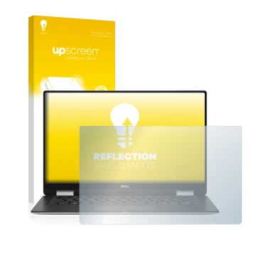Vorderseite einer Produktverpackung mit dem Markenlogo upscreen. Daneben ist das Gerät Dell XPS 13 9365 2-in-1 mit dem zugehör