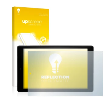 Vorderseite einer Produktverpackung mit dem Markenlogo upscreen. Daneben ist das Gerät Amazon Fire HD 10 2017 (7. Gen.) mit de