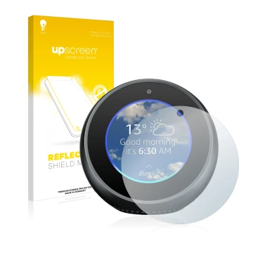 Vorderseite einer Produktverpackung mit dem Markenlogo upscreen. Daneben ist das Gerät Amazon Echo Spot mit dem zugehörigen Di