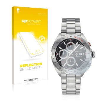 Vorderseite einer Produktverpackung mit dem Markenlogo upscreen. Daneben ist das Gerät TAG Heuer Formula 1 (44 mm) mit dem zug