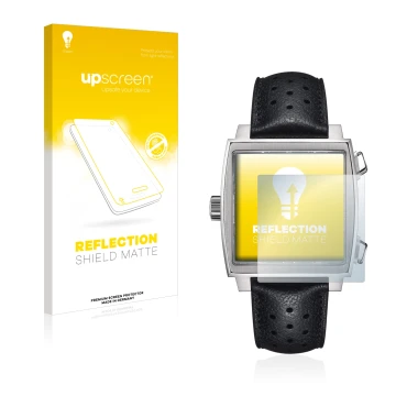 Vorderseite einer Produktverpackung mit dem Markenlogo upscreen. Daneben ist das Gerät TAG Heuer Monaco (39 mm) mit dem zugehö