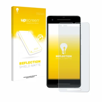 Vorderseite einer Produktverpackung mit dem Markenlogo upscreen. Daneben ist das Gerät Google Pixel 2 mit dem zugehörigen Disp