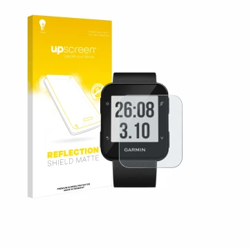 Vorderseite einer Produktverpackung mit dem Markenlogo upscreen. Daneben ist das Gerät Garmin Forerunner 30 mit dem zugehörige