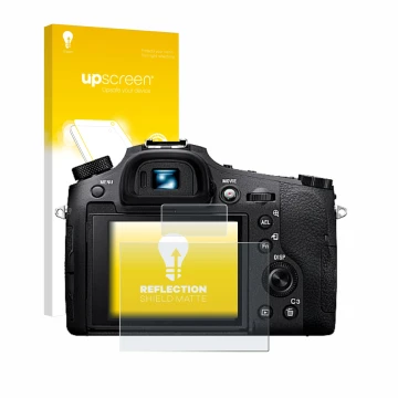 Vorderseite einer Produktverpackung mit dem Markenlogo upscreen. Daneben ist das Gerät Sony Cyber-Shot DSC-RX10 IV mit dem zug