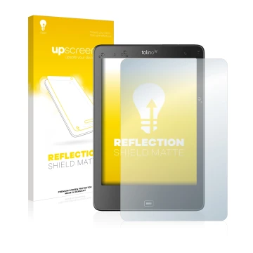 Vorderseite einer Produktverpackung mit dem Markenlogo upscreen. Daneben ist das Gerät Tolino Epos mit dem zugehörigen Display