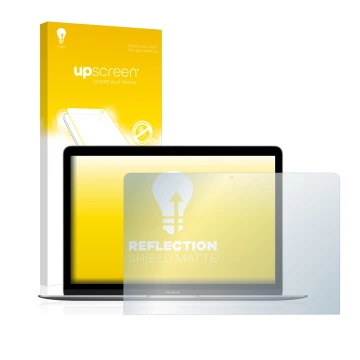 Vorderseite einer Produktverpackung mit dem Markenlogo upscreen. Daneben ist das Gerät Apple MacBook Retina 12