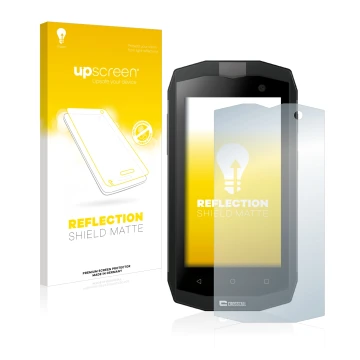 Vorderseite einer Produktverpackung mit dem Markenlogo upscreen. Daneben ist das Gerät Crosscall Trekker M1 mit dem zugehörige